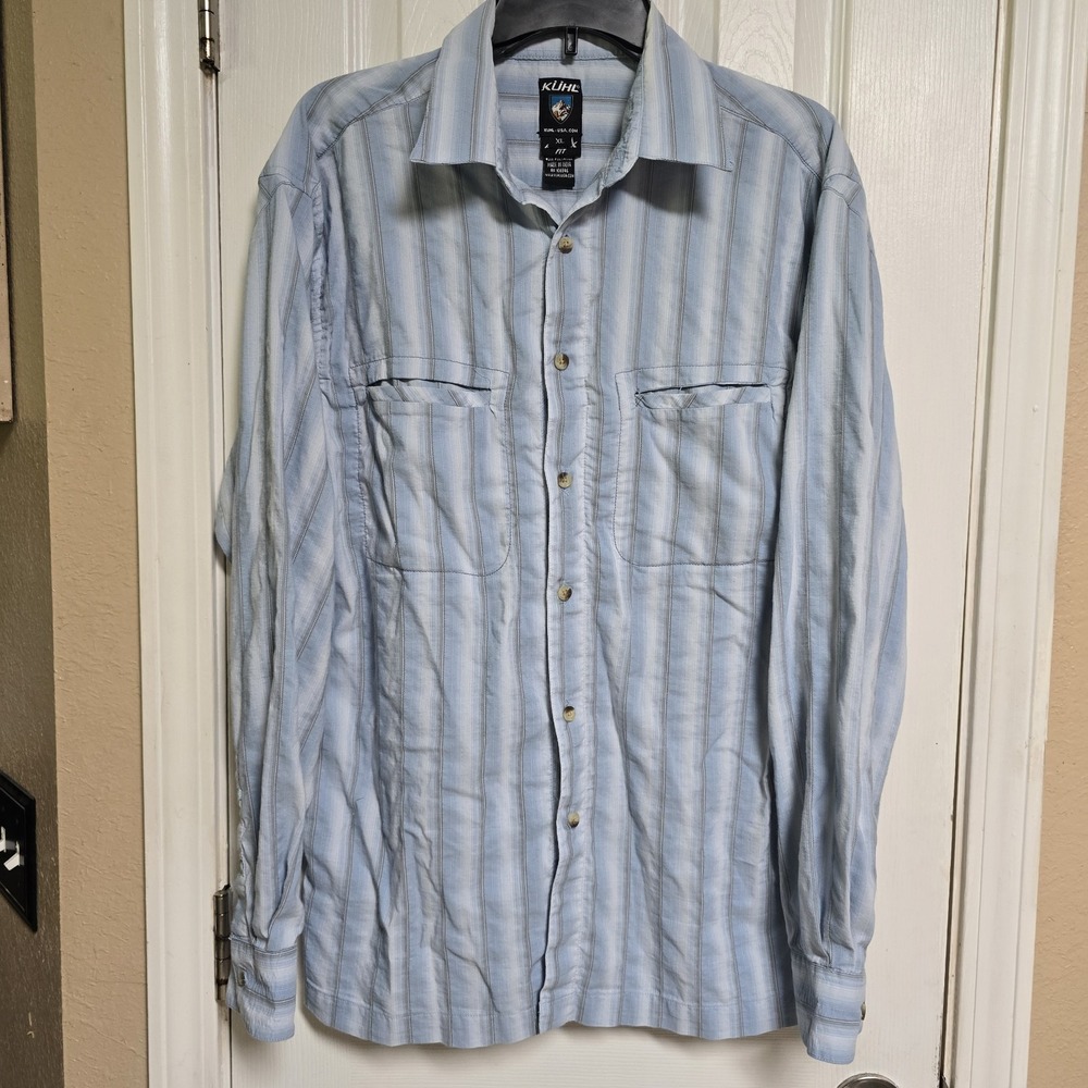 Kuhl Shirt Mens XL Blue Stripe Long Sleeve Button Up Athletik Fit Hiking Outdoor